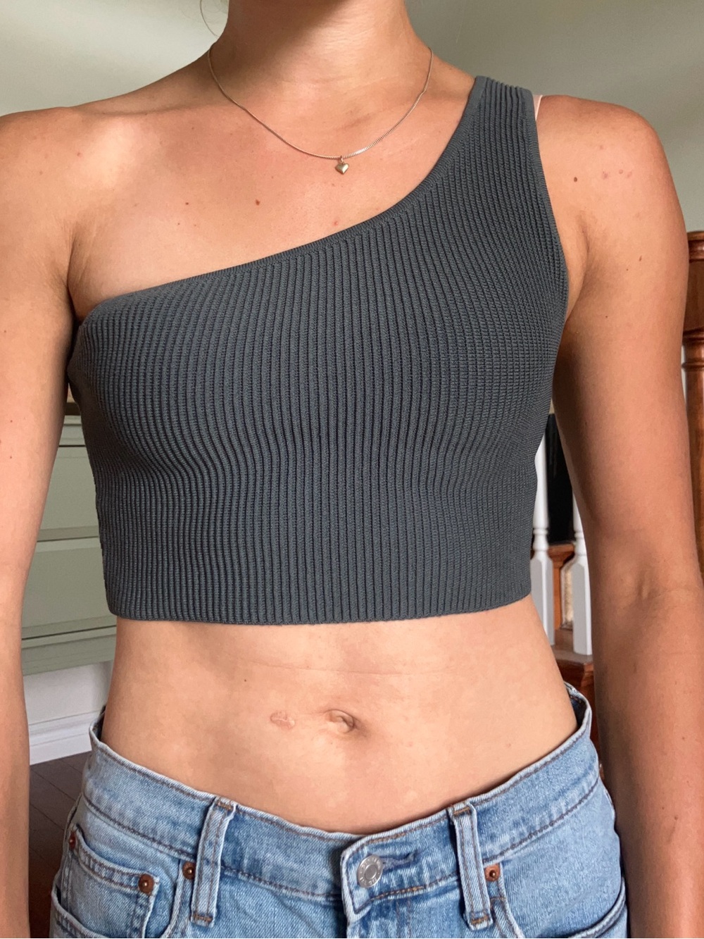 Aritzia Babaton One-Shoulder Ribbed Crop Top in Charcoal Gray